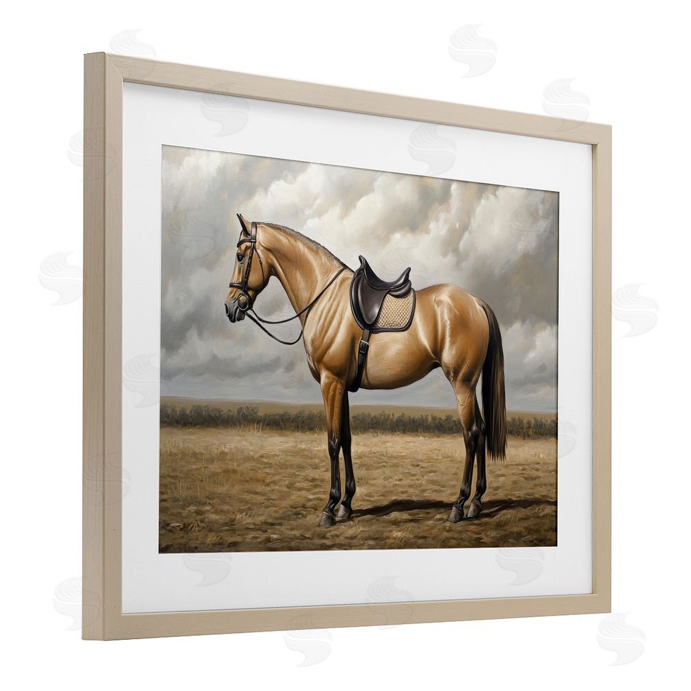Petal Prints Design Shiny Mare Saddled Up Brown Framed Print Under Glass with White Mat Wall Art