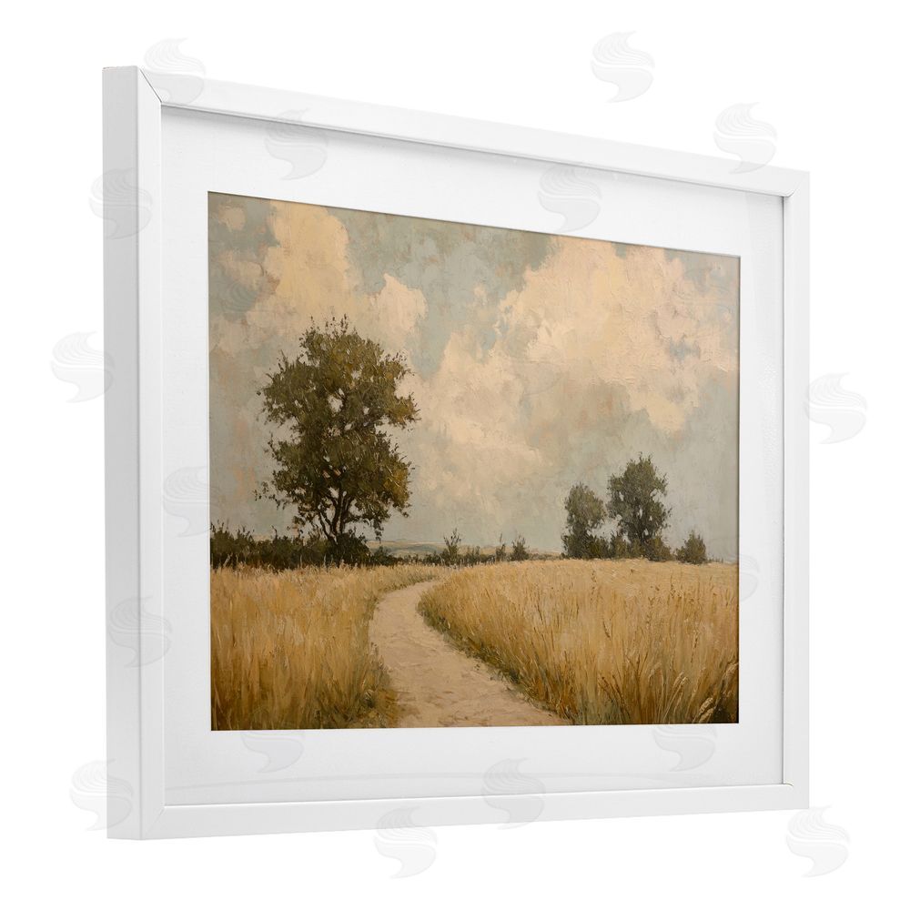Petal Prints Design Soft Field of Wheat White Framed Print Under Glass with White Mat Wall Art