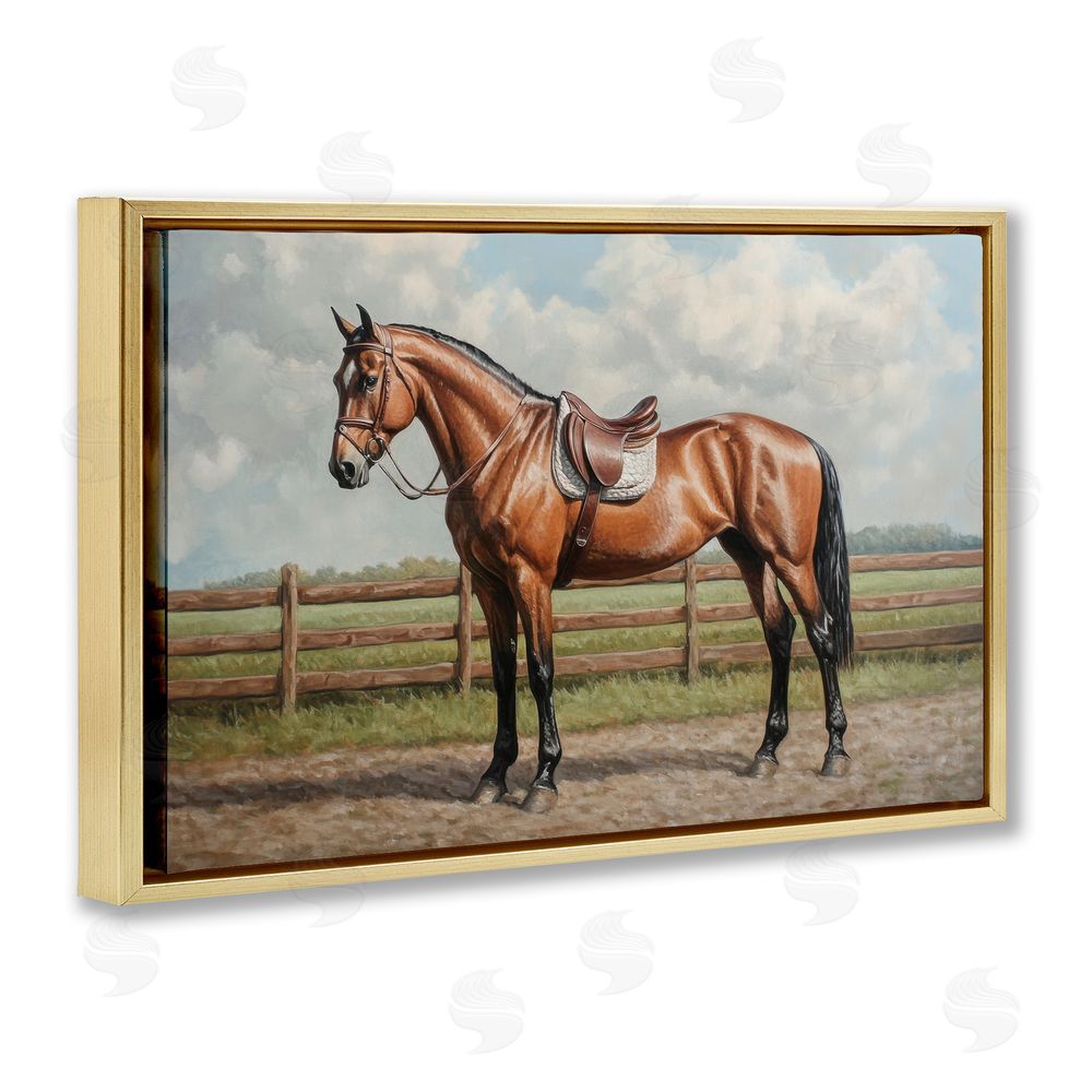 Petal Prints Design Sunshine Pony on Farm Path Gold Floating Framed Canvas Wall Art Print
