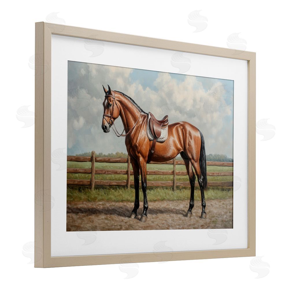 Petal Prints Design Sunshine Pony on Farm Path Brown Framed Print Under Glass with White Mat Wall Art