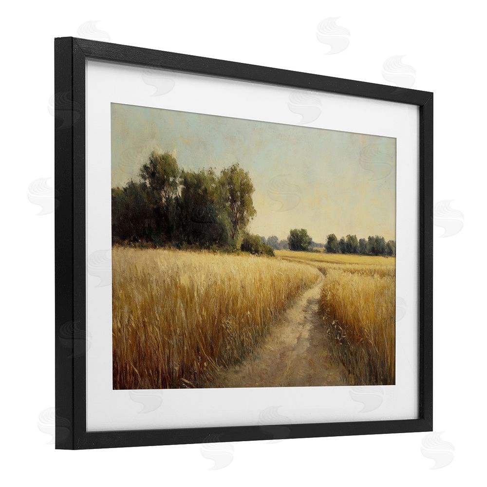 Petal Prints Design Sunlit Country Wheat Path Black Framed Print Under Glass with White Mat Wall Art