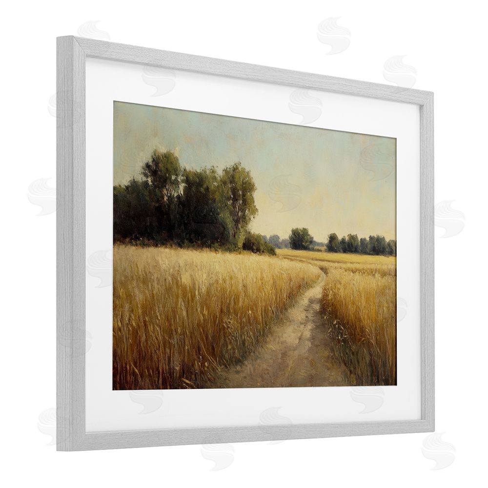 Petal Prints Design Sunlit Country Wheat Path Gray Framed Print Under Glass with White Mat Wall Art