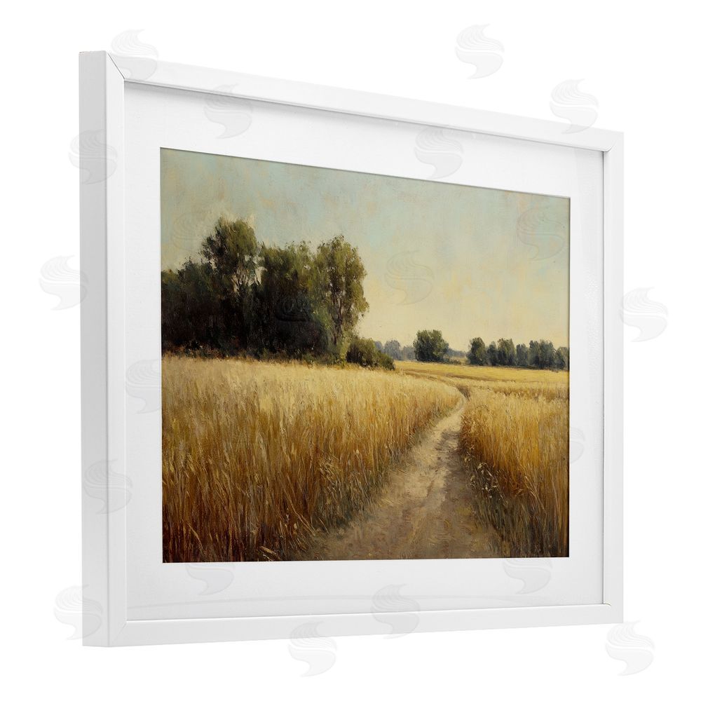 Petal Prints Design Sunlit Country Wheat Path White Framed Print Under Glass with White Mat Wall Art
