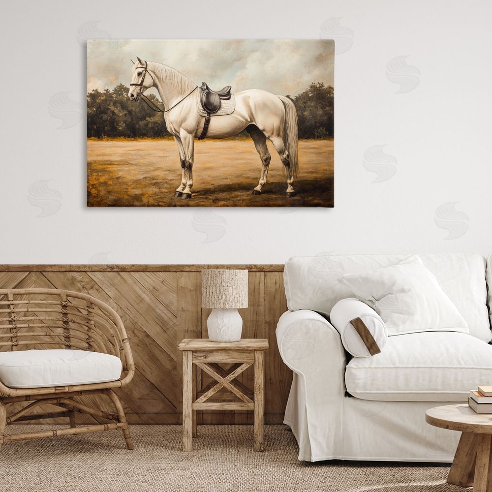 Petal Prints Design White Mare with Saddle Stretched Canvas on Wall