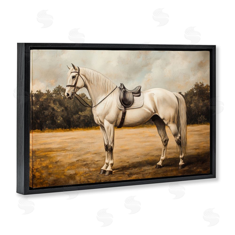 Petal Prints Design White Mare with Saddle Black Floating Framed Canvas Wall Art Print