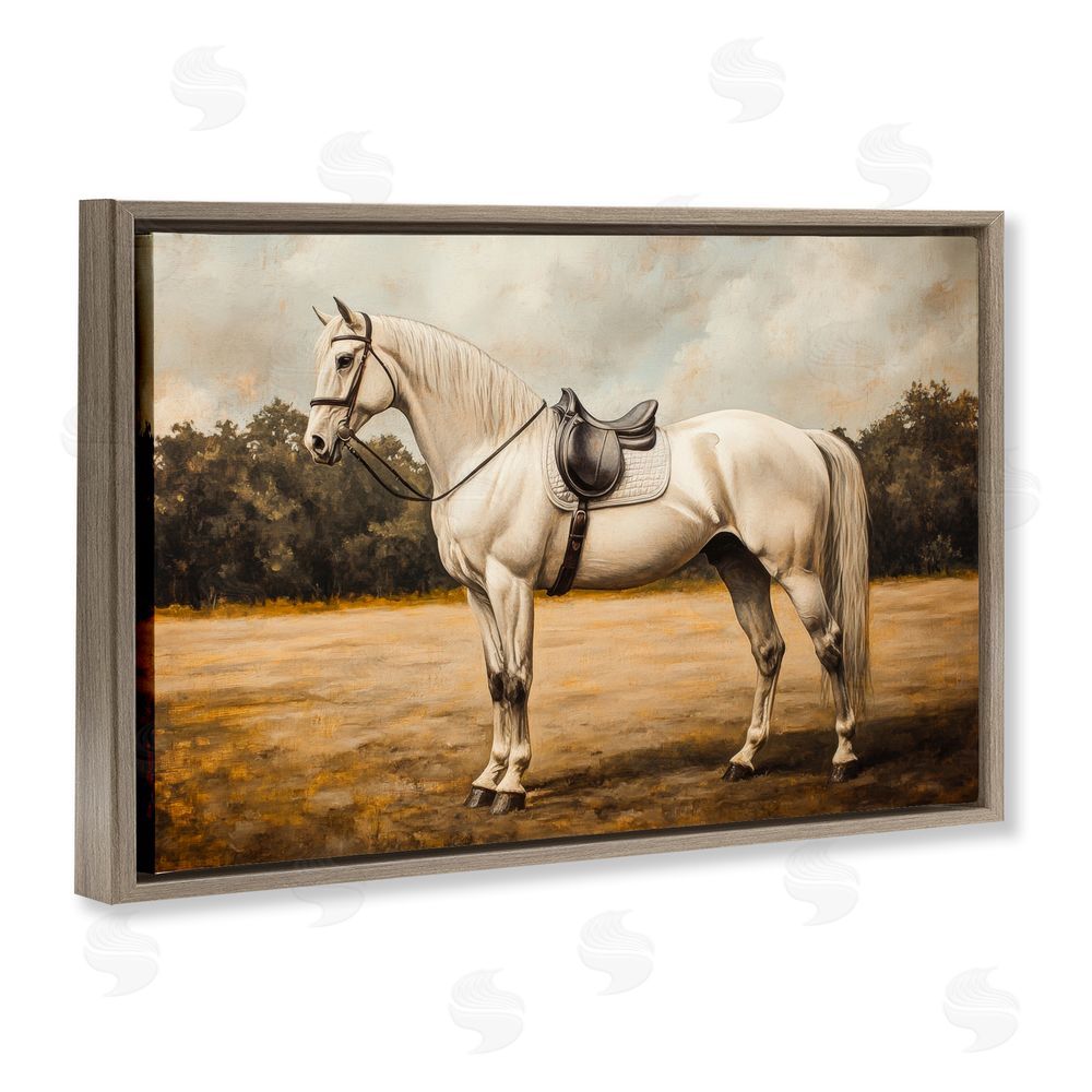 Petal Prints Design White Mare with Saddle Brown Floating Framed Canvas Wall Art Print