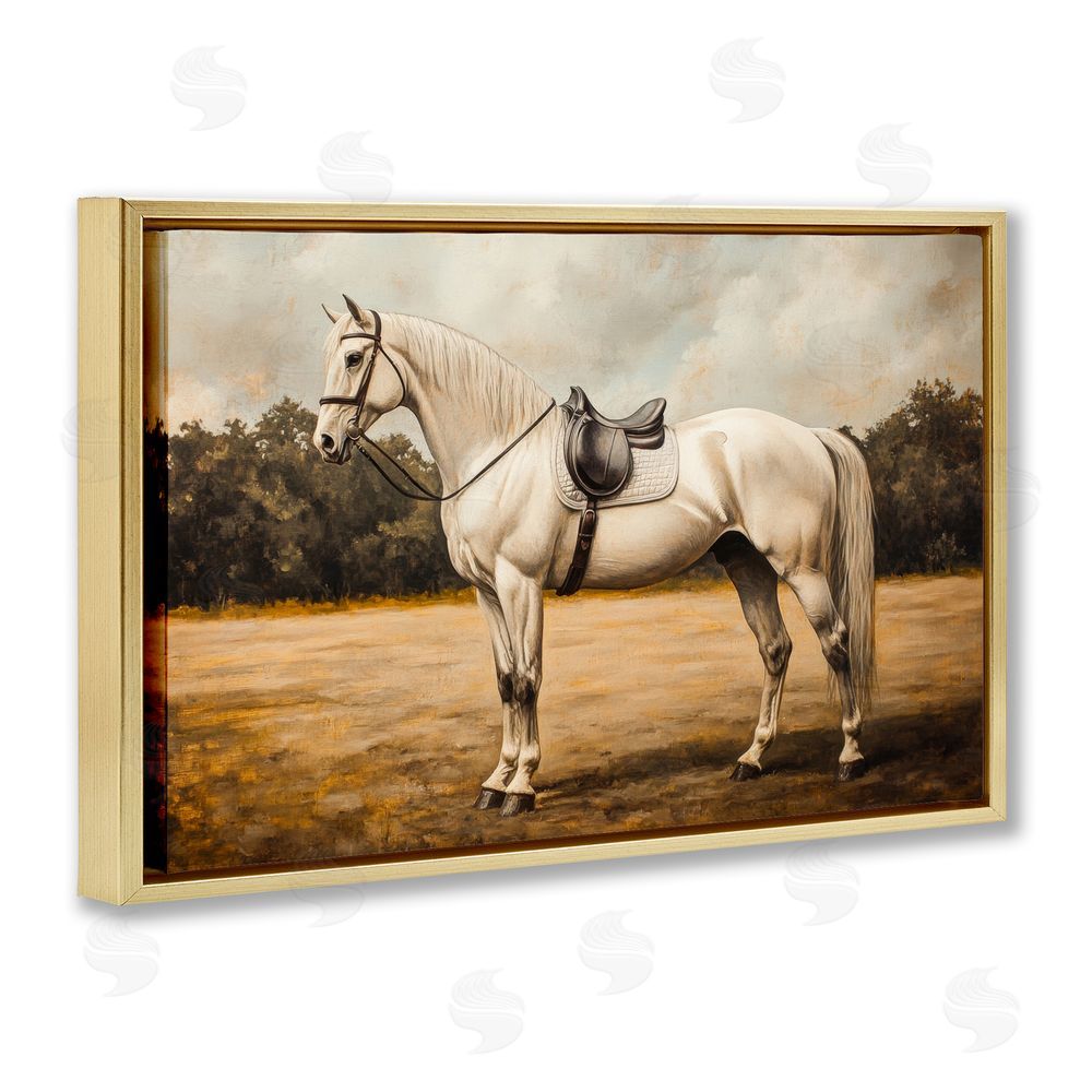 Petal Prints Design White Mare with Saddle Gold Floating Framed Canvas Wall Art Print