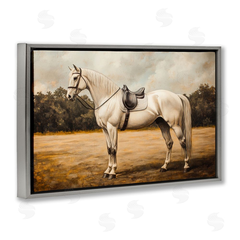 Petal Prints Design White Mare with Saddle Gray Floating Framed Canvas Wall Art Print