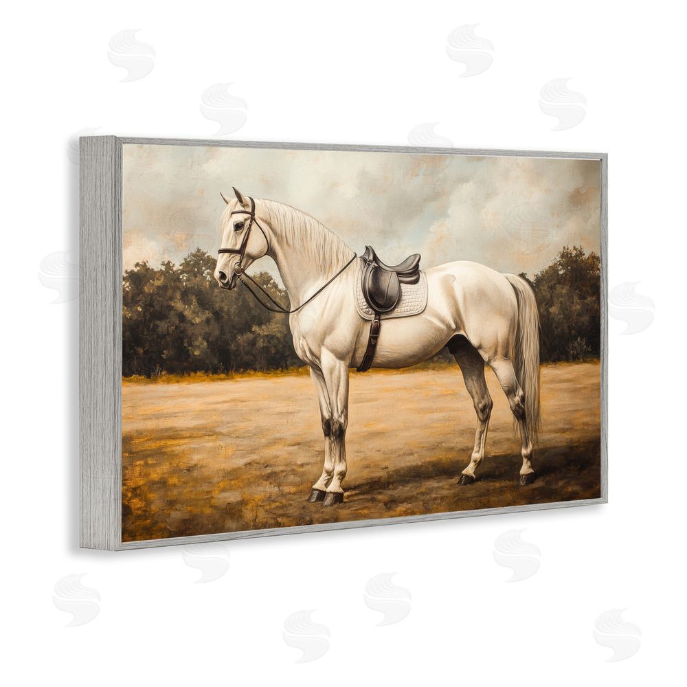 Petal Prints Design White Mare with Saddle Gray Framed Giclee Wall Art Print