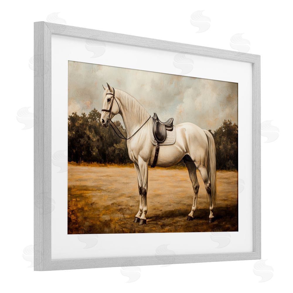 Petal Prints Design White Mare with Saddle Gray Framed Print Under Glass with White Mat Wall Art