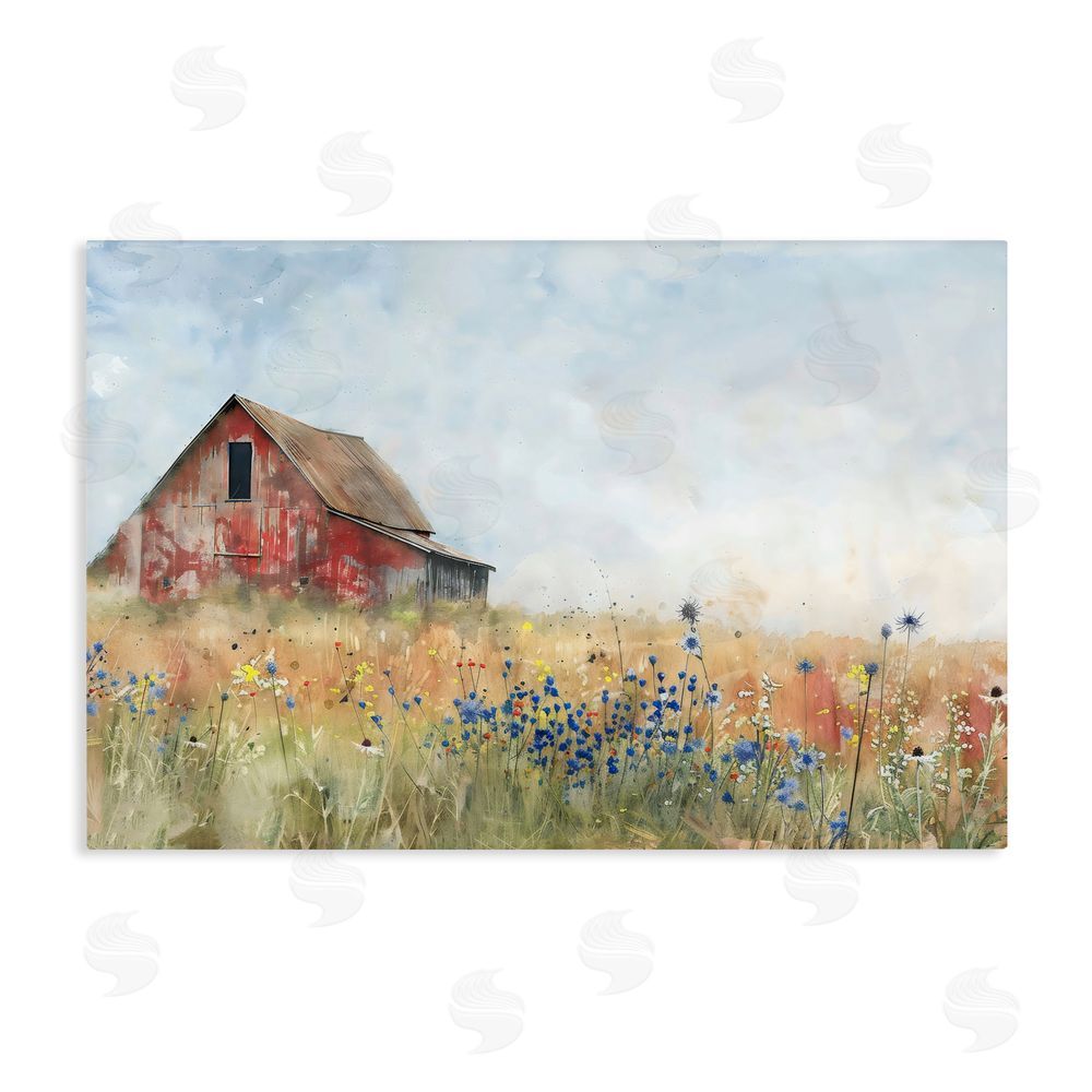 Creative Studio Rustic Barn in Colorful Meadow Stretched Canvas Wall Art