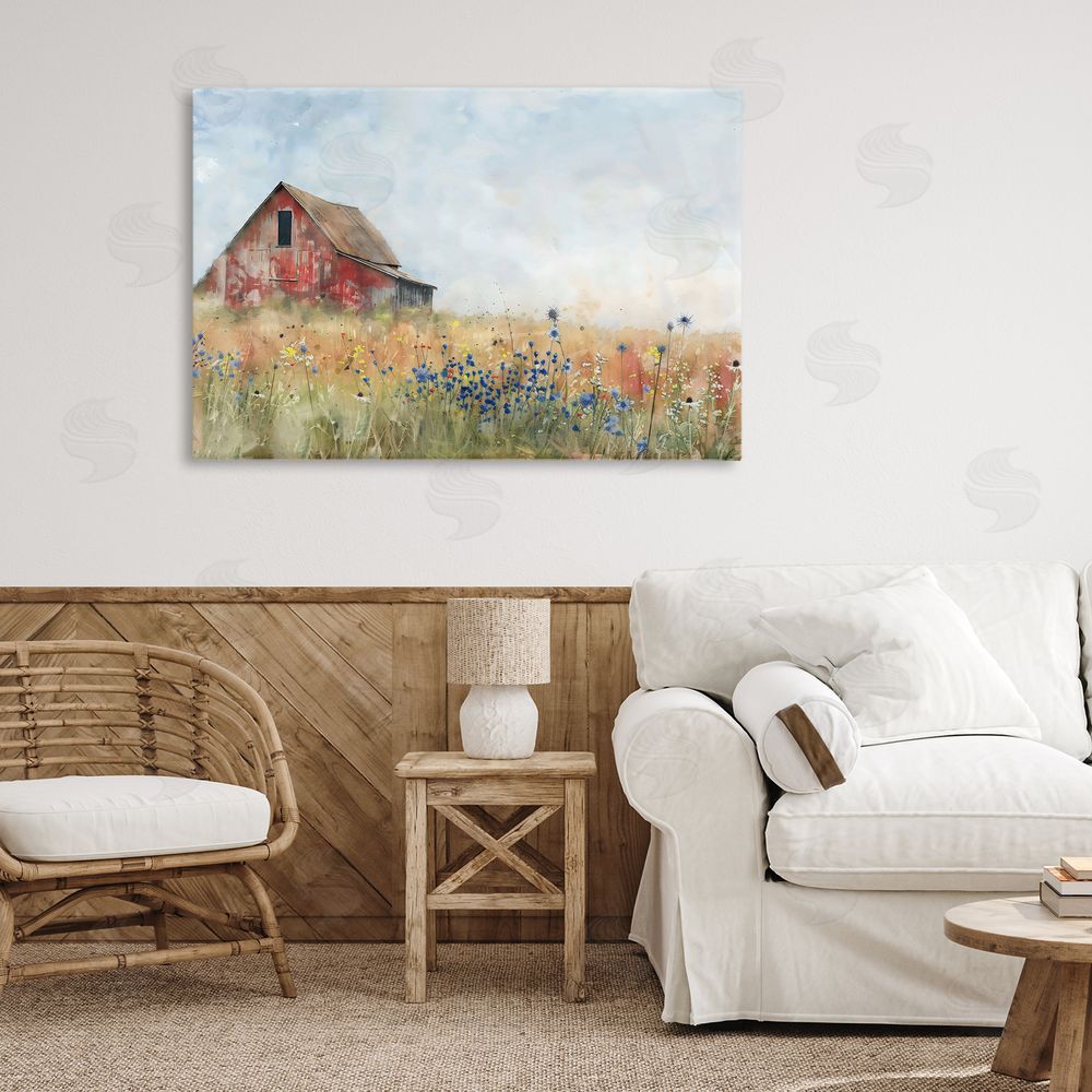 Creative Studio Rustic Barn in Colorful Meadow Stretched Canvas Wall Art in Room