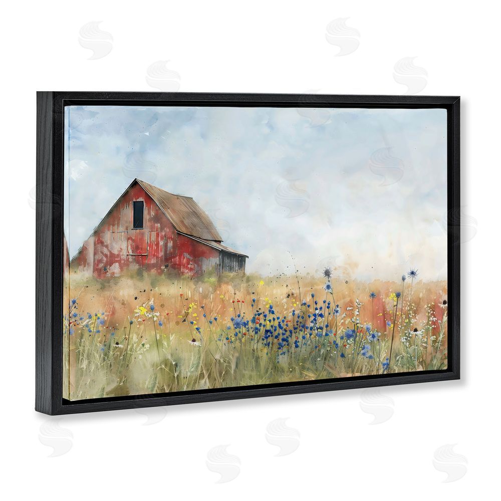 Creative Studio Rustic Barn in Colorful Meadow Black Floating Framed Canvas Wall Art