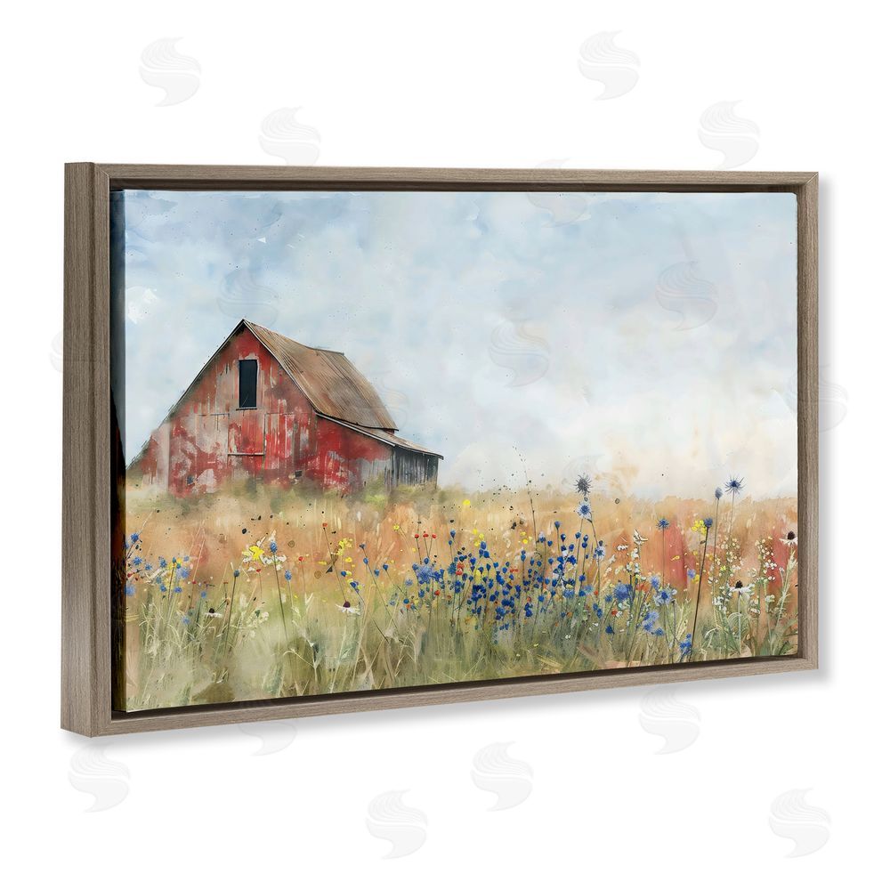 Creative Studio Rustic Barn in Colorful Meadow Brown Floating Framed Canvas Wall Art