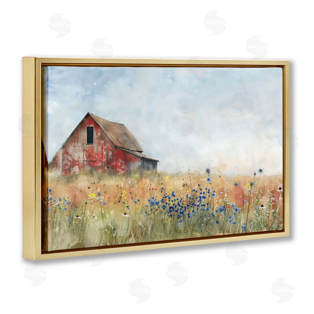 Creative Studio Rustic Barn in Colorful Meadow Gold Floating Framed Canvas Wall Art