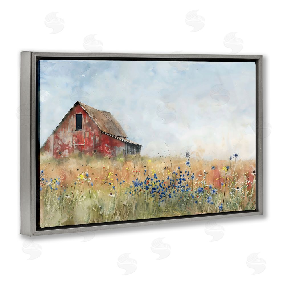 Creative Studio Rustic Barn in Colorful Meadow Gray Floating Framed Canvas Wall Art