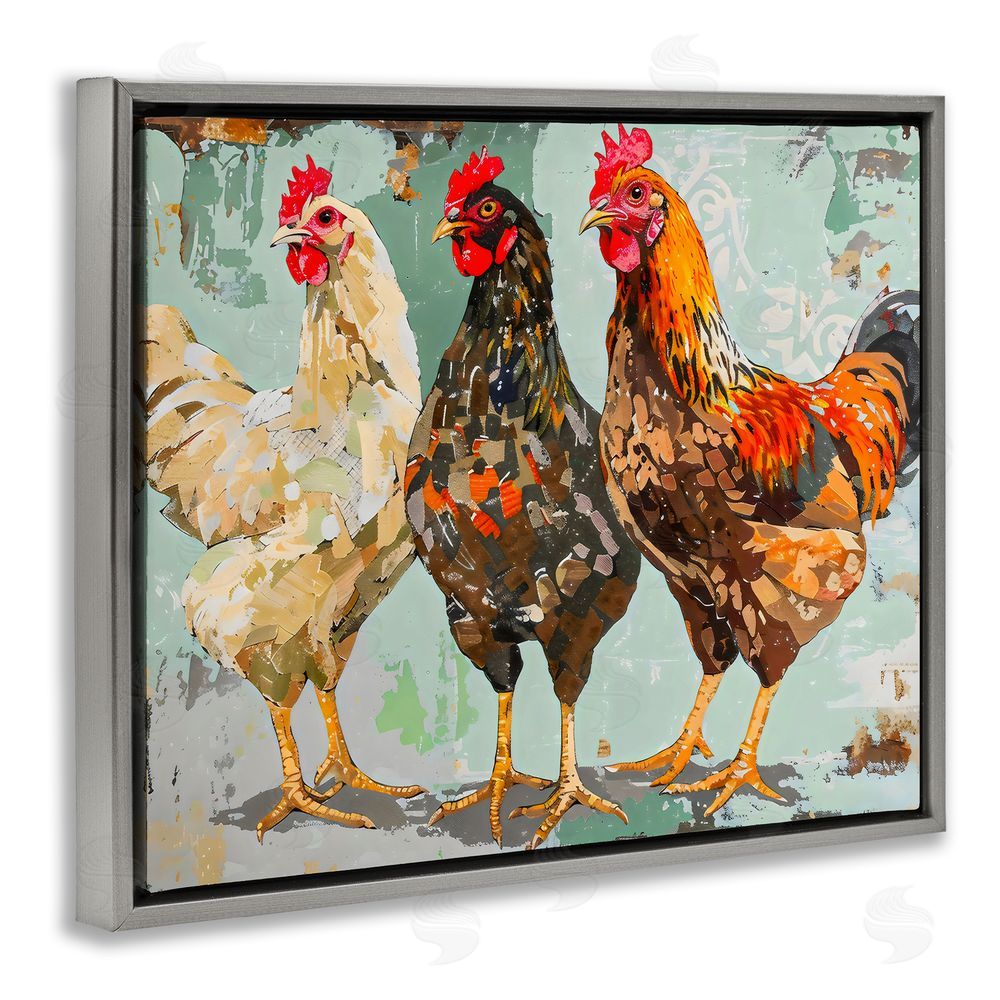 Creative Studio Abstract Chickens Trio Gray Floating Frame Stretched Canvas Wall Art Print