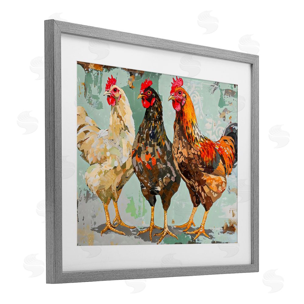 Creative Studio Abstract Chickens Trio Gray Framed Print Under Glass with Matting Wall Art