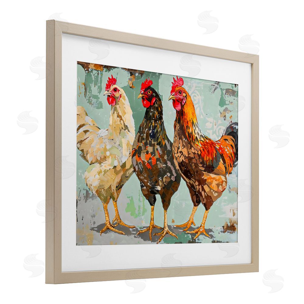 Creative Studio Abstract Chickens Trio Brown Framed Print Under Glass with Matting Wall Art