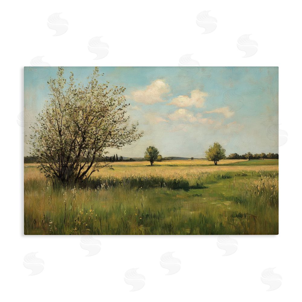 Petal Prints Design Peaceful Meadow Under Serene Sky Stretched Canvas Wall Art