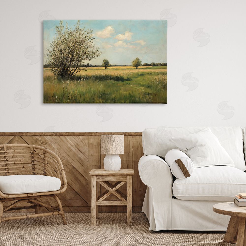 Petal Prints Design Peaceful Meadow Under Serene Sky Stretched Canvas Wall Art in Room