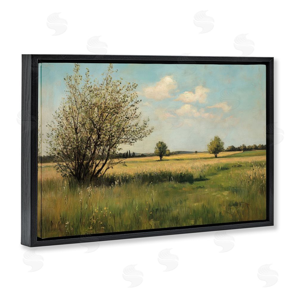 Petal Prints Design Peaceful Meadow Under Serene Sky Black Floating Framed Canvas Wall Art