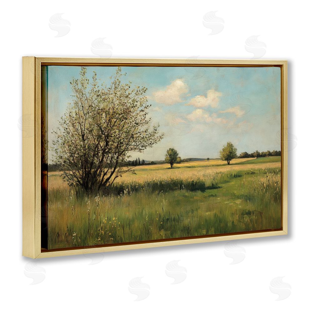 Petal Prints Design Peaceful Meadow Under Serene Sky Gold Floating Framed Canvas Wall Art