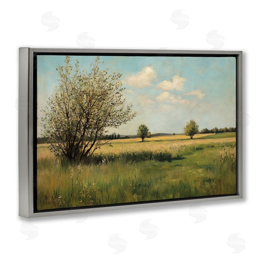Petal Prints Design Peaceful Meadow Under Serene Sky Gray Floating Framed Canvas Wall Art