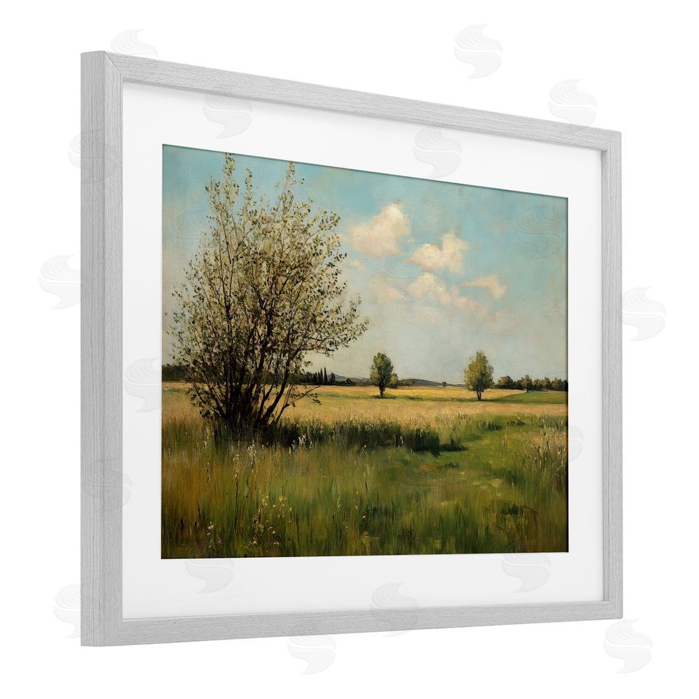 Petal Prints Design Peaceful Meadow Under Serene Sky Gray Framed Print Under Glass Wall Art