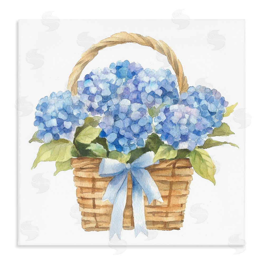 Petal Prints Design Pretty Blue Hydrangea Picnic Basket Stretched Canvas Wall Art