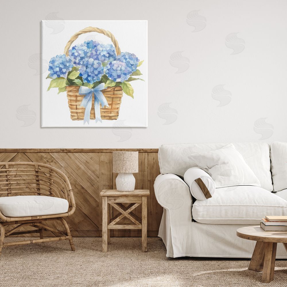 Petal Prints Design Pretty Blue Hydrangea Picnic Basket Stretched Canvas Wall Art in Room