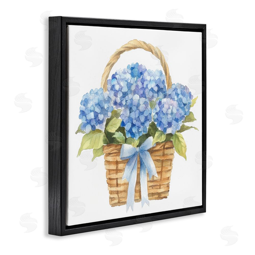 Petal Prints Design Pretty Blue Hydrangea Picnic Basket Black Floating Framed Canvas Wall Art