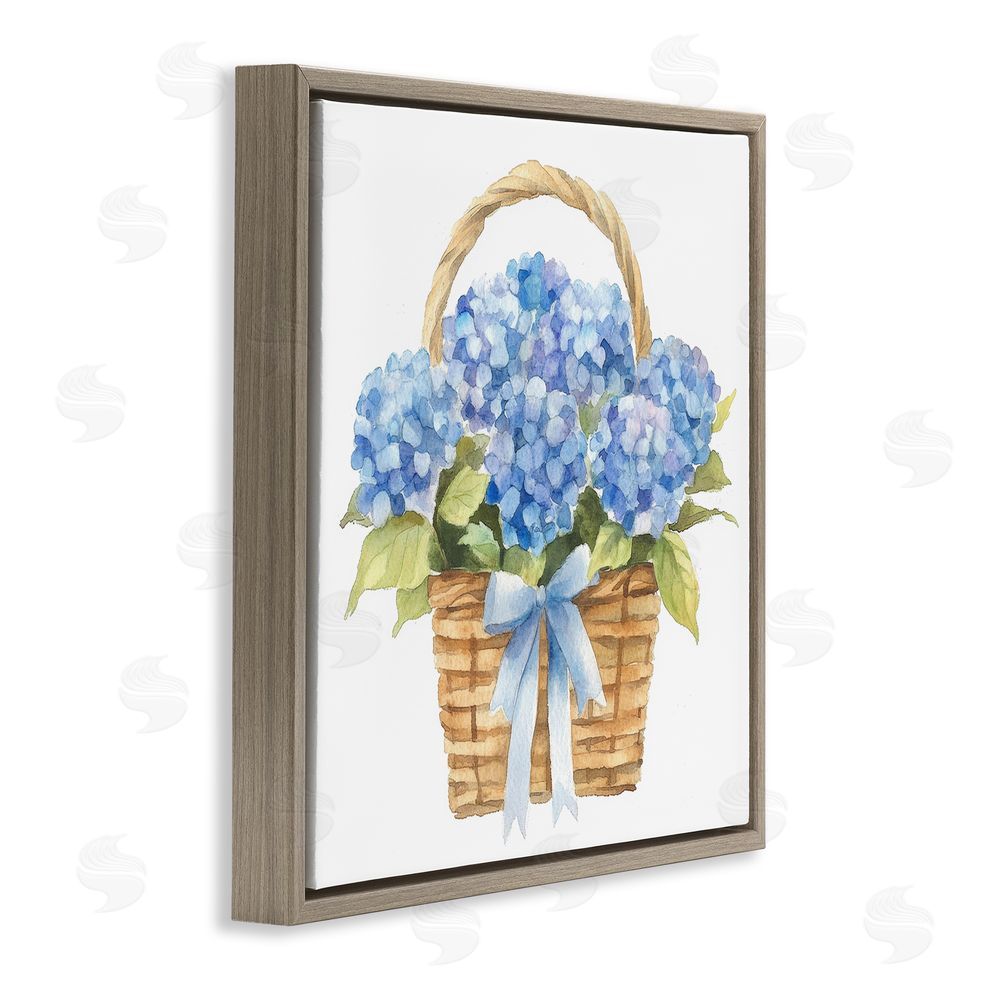 Petal Prints Design Pretty Blue Hydrangea Picnic Basket Brown Floating Framed Canvas Wall Art