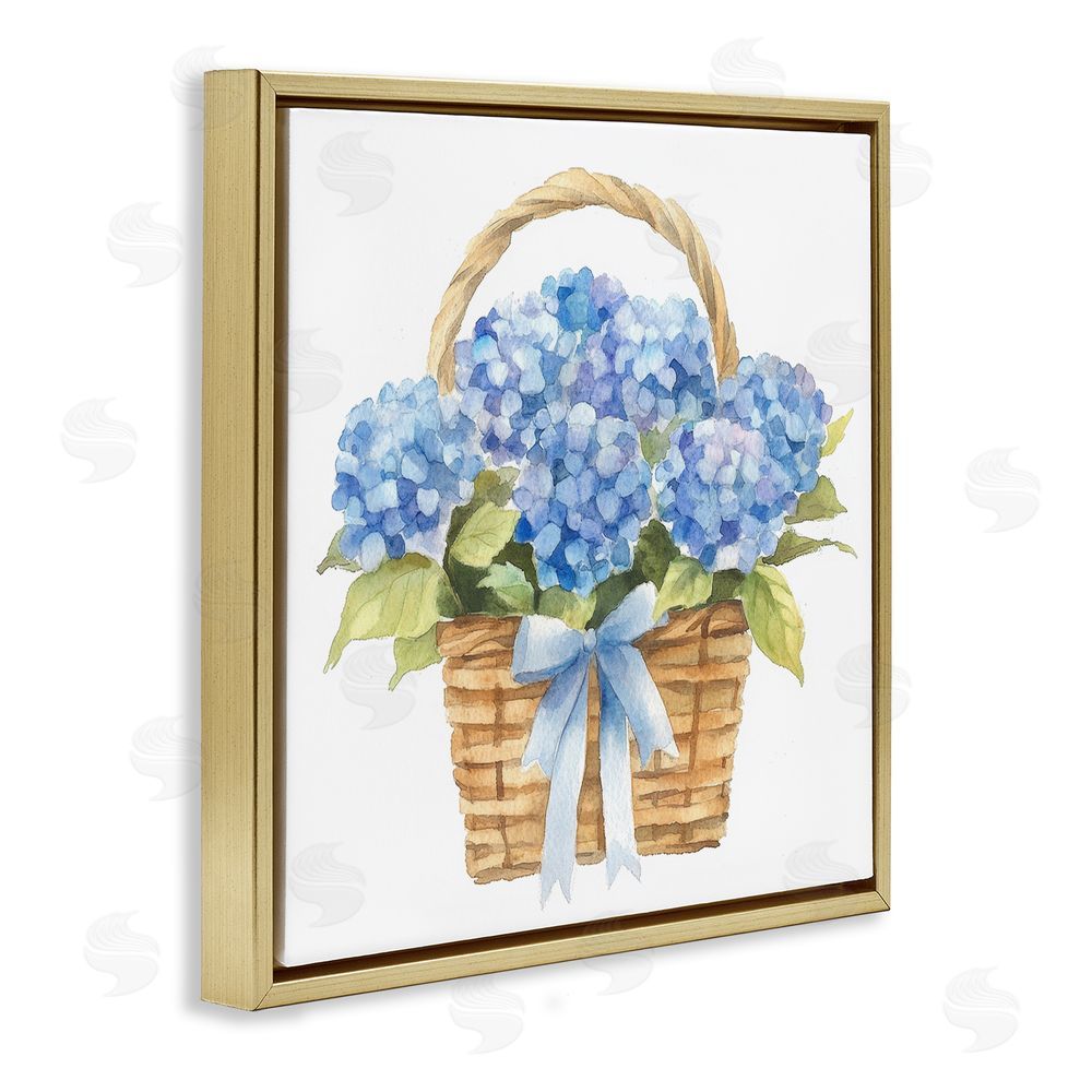 Petal Prints Design Pretty Blue Hydrangea Picnic Basket Gold Floating Framed Canvas Wall Art