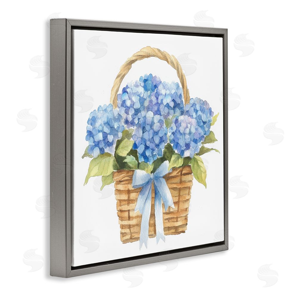 Petal Prints Design Pretty Blue Hydrangea Picnic Basket Gray Floating Framed Canvas Wall Art