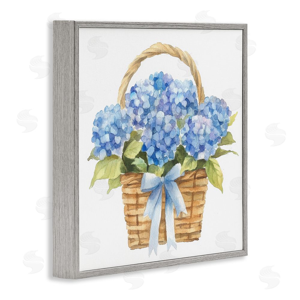 Petal Prints Design Pretty Blue Hydrangea Picnic Basket Gray Framed Giclee Wall Art