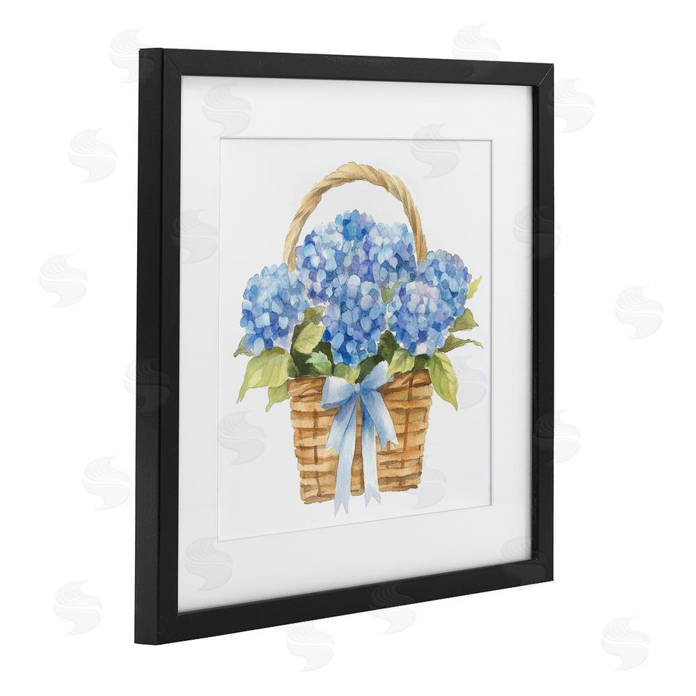 Petal Prints Design Pretty Blue Hydrangea Picnic Basket Black Framed Print Under Glass Wall Art