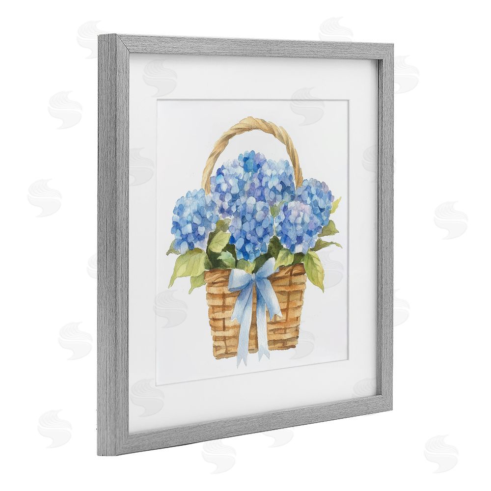 Petal Prints Design Pretty Blue Hydrangea Picnic Basket Gray Framed Print Under Glass Wall Art