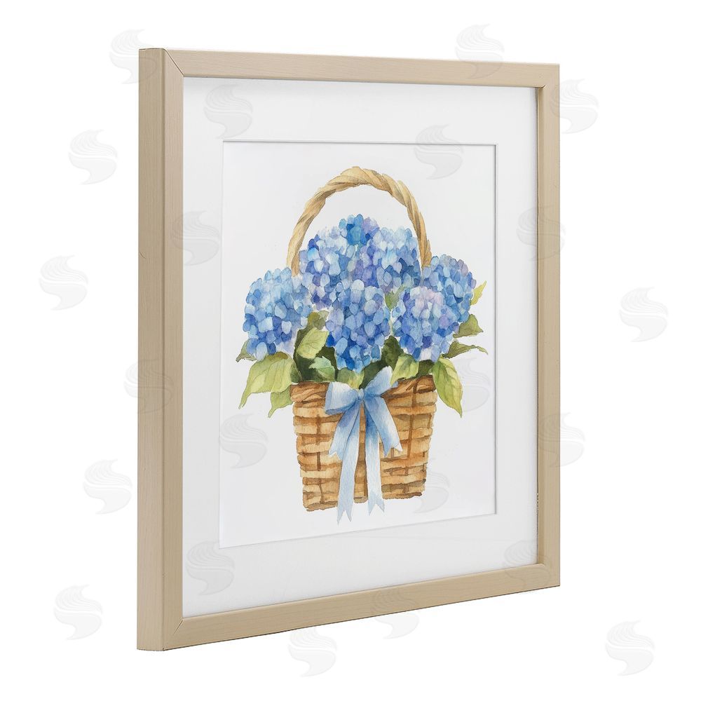 Petal Prints Design Pretty Blue Hydrangea Picnic Basket Brown Framed Print Under Glass Wall Art