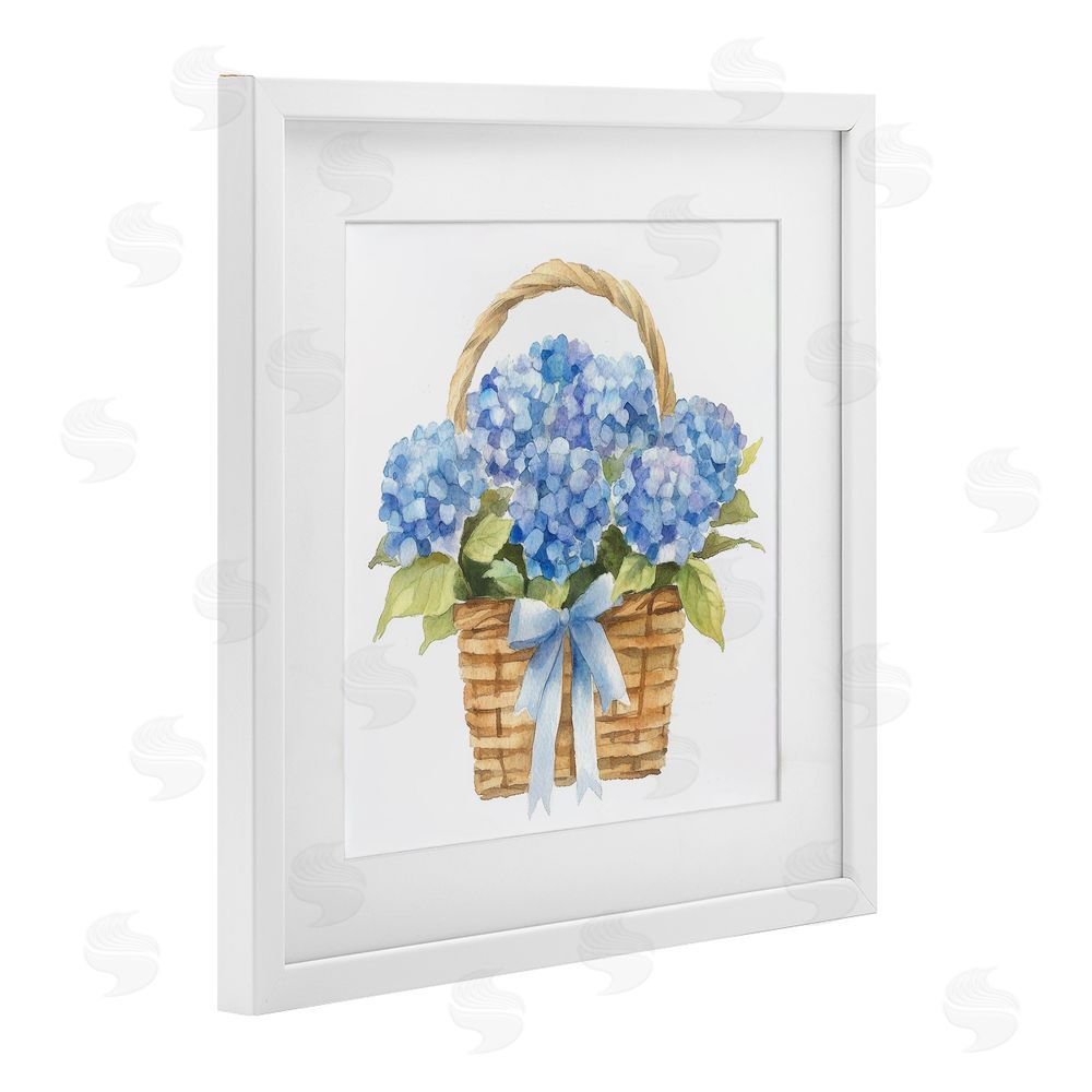 Petal Prints Design Pretty Blue Hydrangea Picnic Basket White Framed Print Under Glass Wall Art