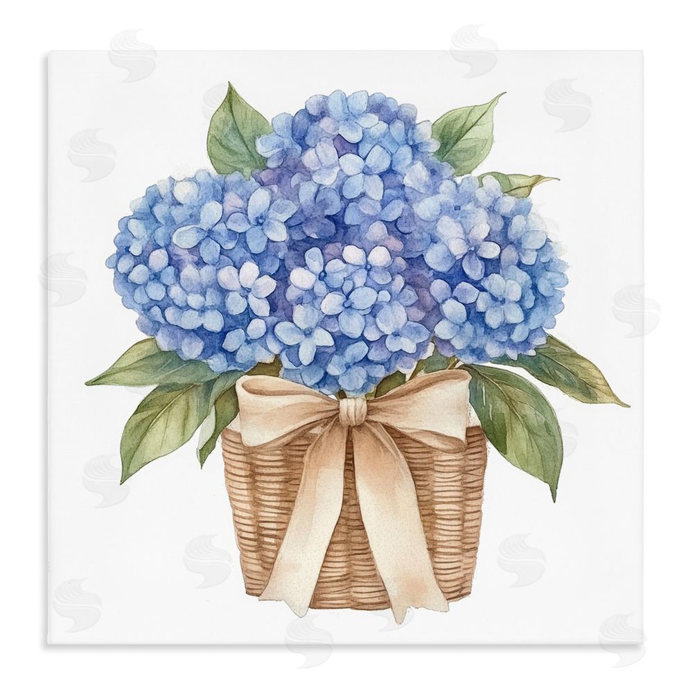 Petal Prints Design Blue Hydrangea Picnic Basket Stretched Canvas Wall Art Print