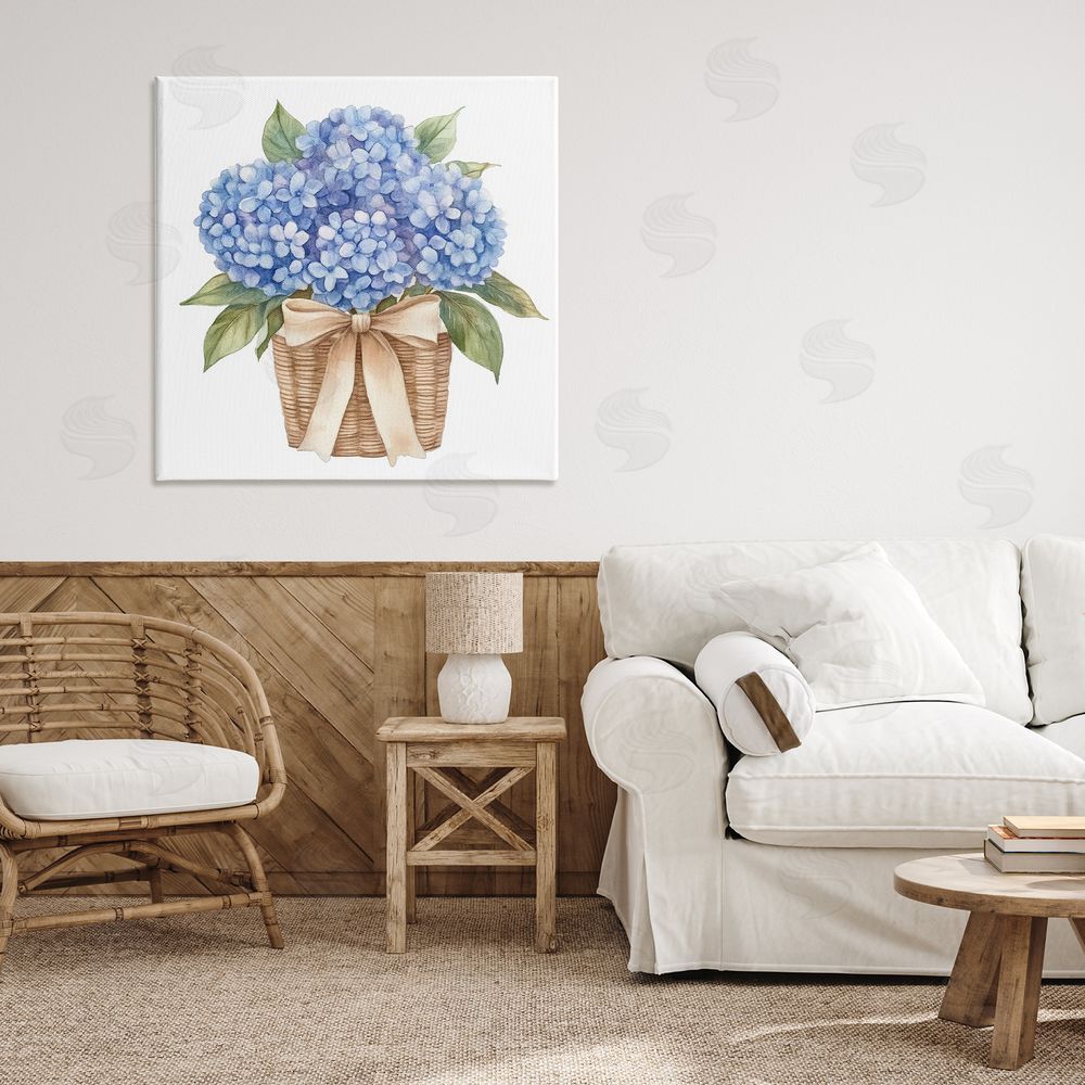 Petal Prints Design Blue Hydrangea Picnic Basket Stretched Canvas Wall Art Print in Room