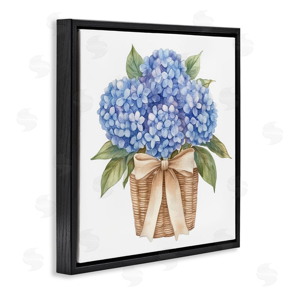 Petal Prints Design Blue Hydrangea Picnic Basket Black Floating Frame Stretched Canvas Wall Art Print