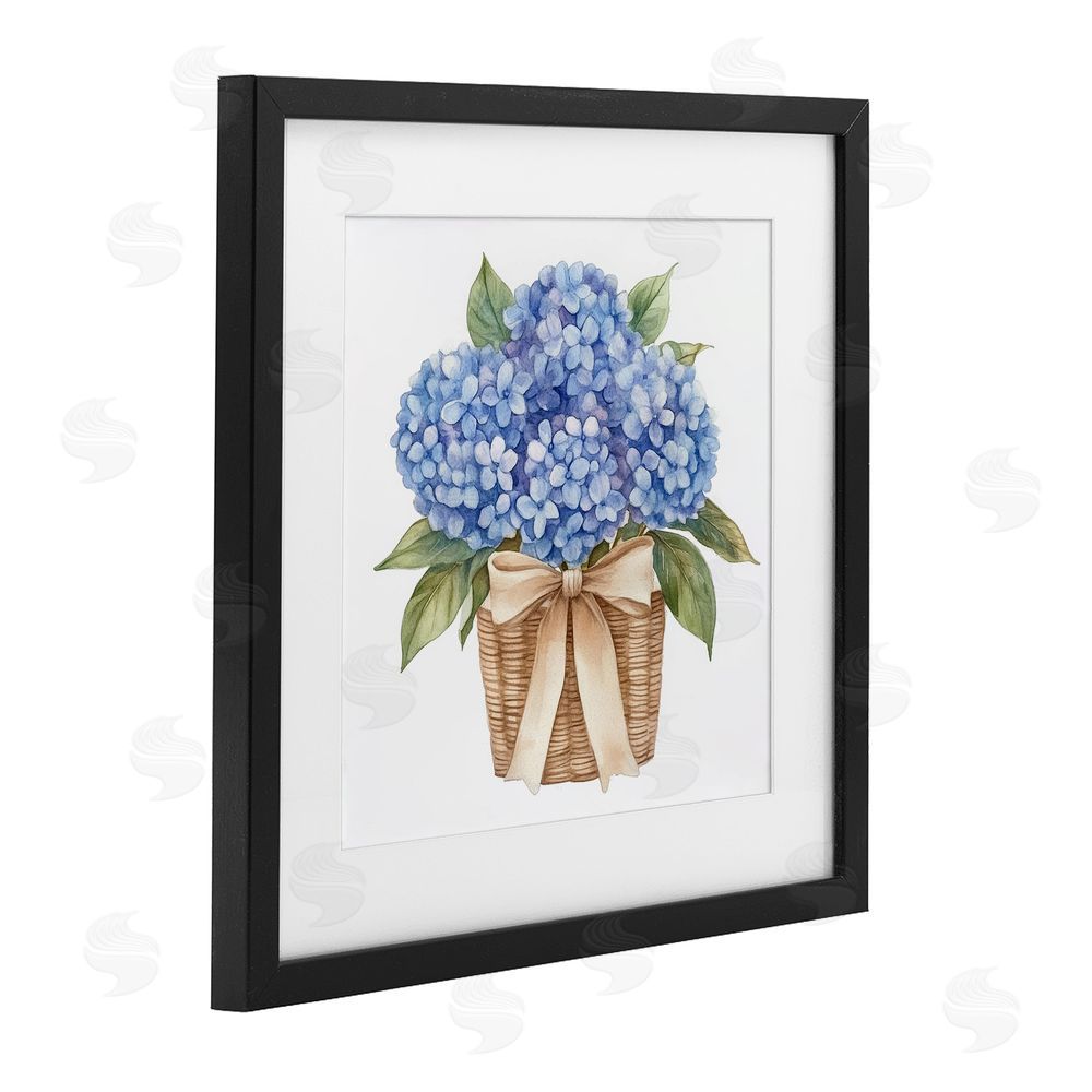 Petal Prints Design Blue Hydrangea Picnic Basket Black Framed Print Under Glass with Matting Wall Art