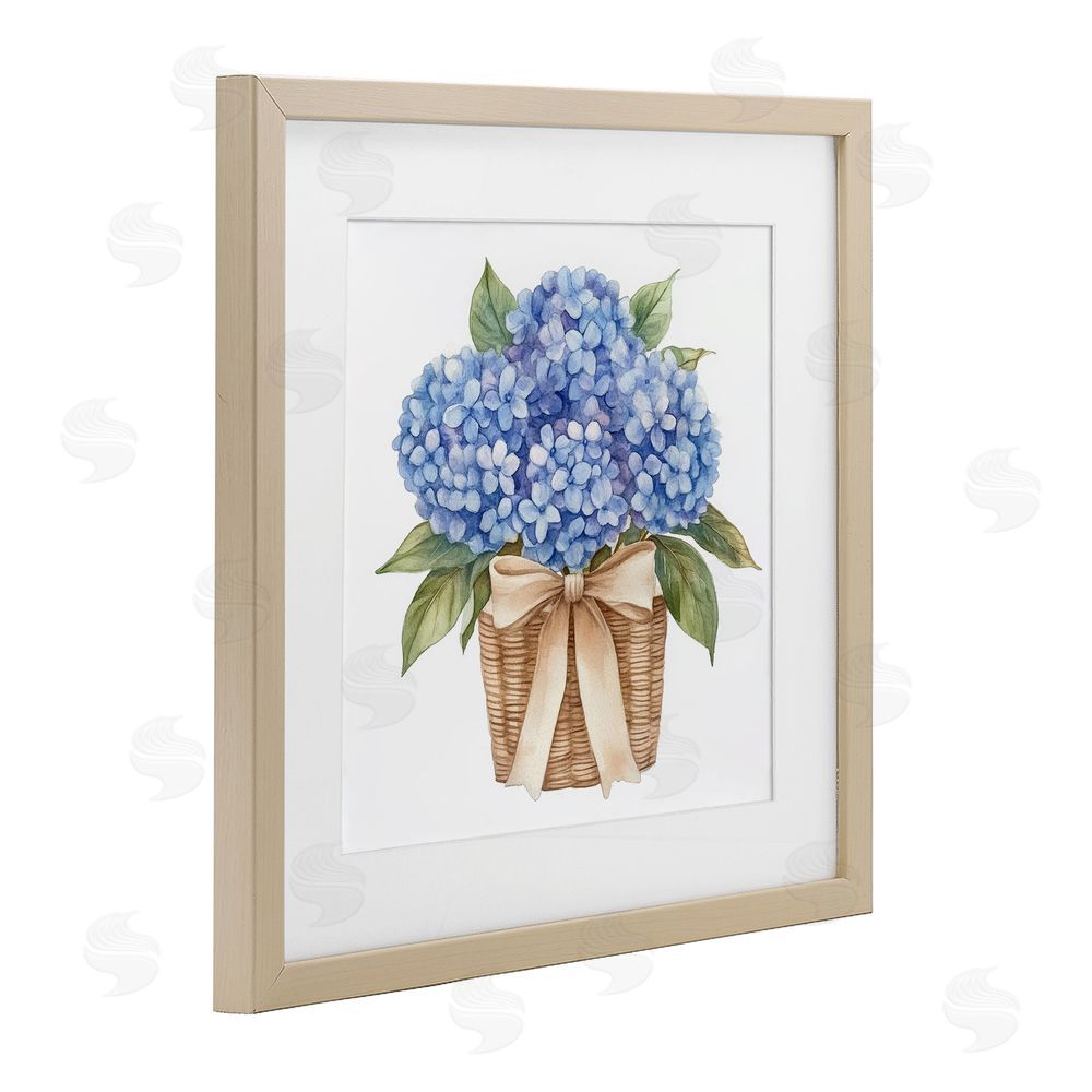 Petal Prints Design Blue Hydrangea Picnic Basket Brown Framed Print Under Glass with Matting Wall Art