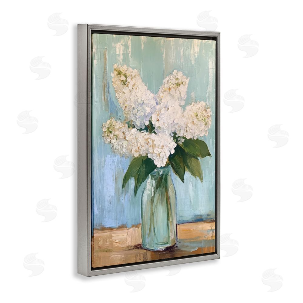 Petal Prints Design Tall Flowers in Glass Vase Gray Floating Framed Canvas Wall Art Print