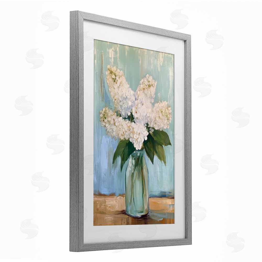Petal Prints Design Tall Flowers in Glass Vase Gray Framed Print Under Glass with White Mat Wall Art