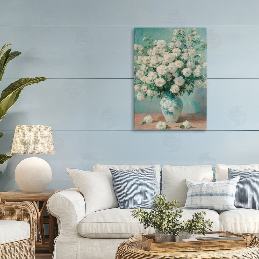Petal Prints Design Lush Bouquet of White Roses Stretched Canvas Wall Art in Room