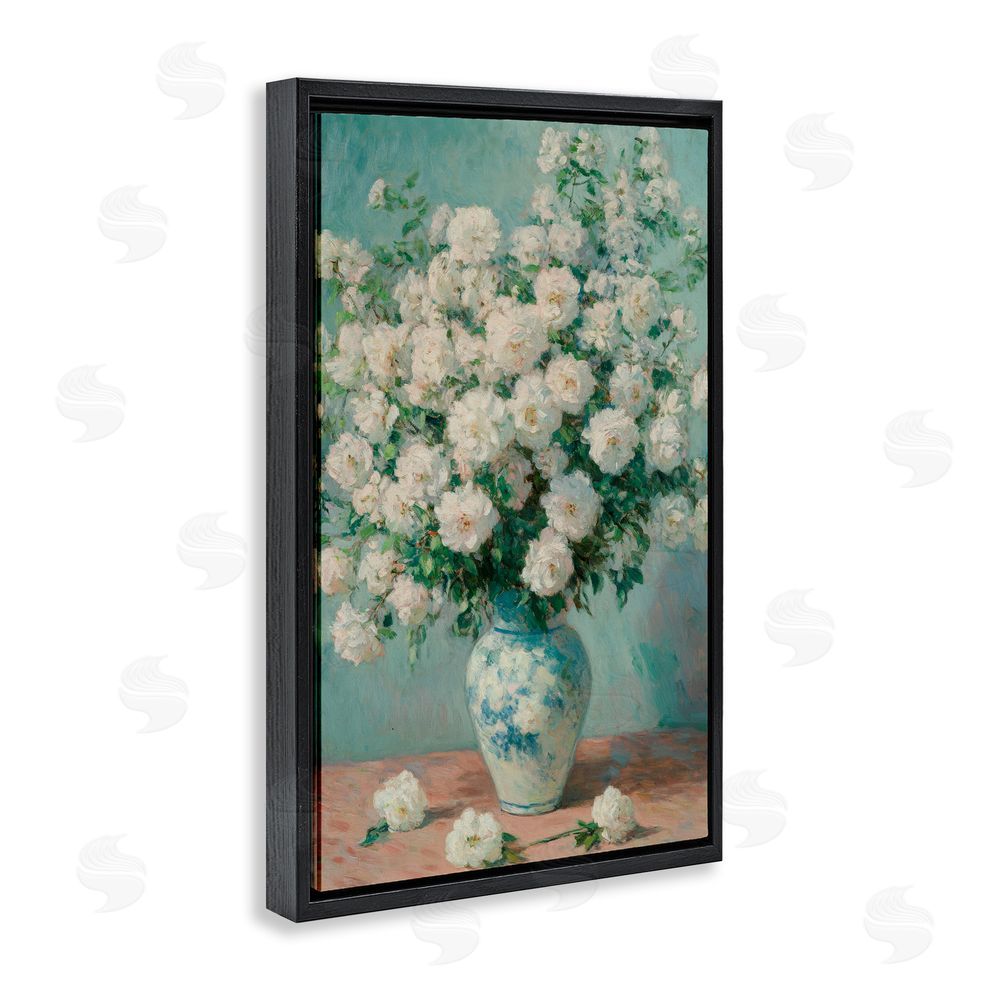 Petal Prints Design Lush Bouquet of White Roses Black Floating Framed Canvas Wall Art