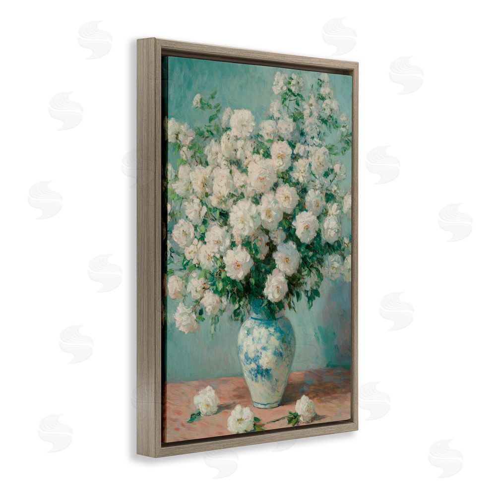 Petal Prints Design Lush Bouquet of White Roses Brown Floating Framed Canvas Wall Art